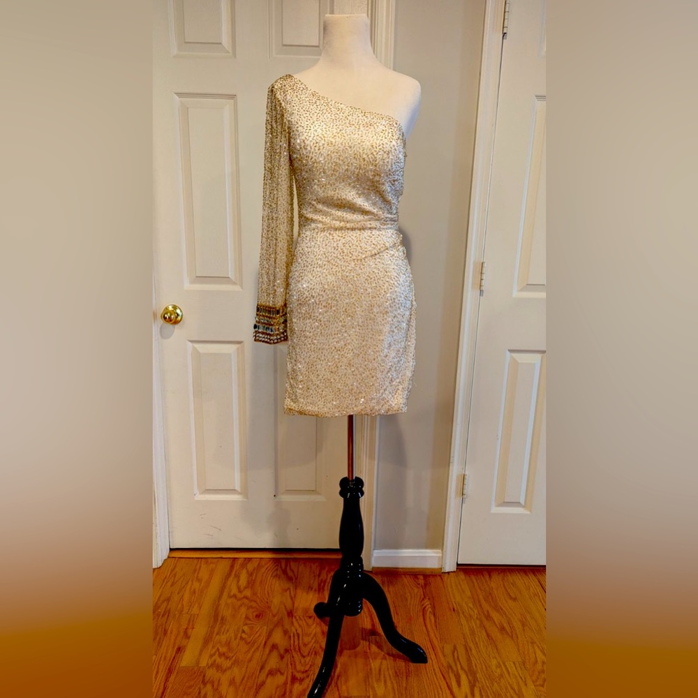 Exquisite size 4 one sleeved heavily beaded Sherri Hill
